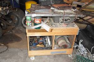 lot 168 image: Powr Kraft Belt Drive Table Saw on Rolling Cart With Assorted Hardware