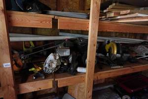 lot 117 image: Contents of Shelf - Gas Motors, Miter Saw, PVC