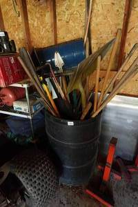 lot 174 image: Barrel of Yard Tools
