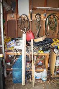 lot 224 image: Shelf with Assorted Hardware - Cords, Rope, Gas Can