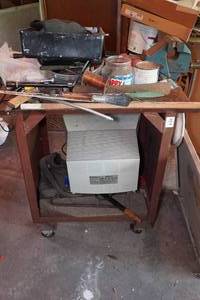 lot 38 image: Rolling Cart With Assorted Hardware - Large Bench Vise