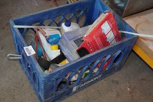 lot 314 image: Bin with Assorted Hardware - Wood Glue, Motor Oil, Christmas Lights
