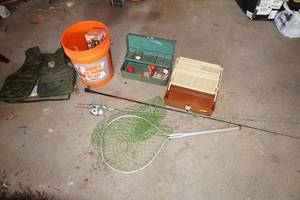 lot 83 image: Assorted Fishing - Tackle Boxes, Net, Life Jacket, Poles