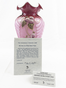 lot 25C image: 1996 FENTON 11 Berries on Wild Rose Ruffle Vase (Raised Paste Decorating for Each Berry. LIMITED EDITION #8241250
