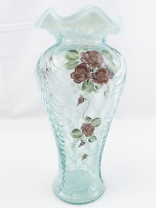 lot 25D image: FENTON 11 French Opalescent Hand Painted Rose Trellis Ruffle Vase