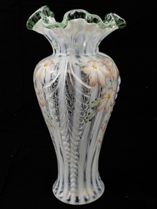 lot 25E image: 1996 FENTON 11 Meadow Beauty Rib Optic Hand painted Floral Vase. #823.