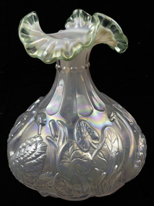 lot 26H image: 1997 FENTON 8 Champagne Satin Iridized Waterlily Swan Sea Mist Green Ruffle Rimmed Vase.