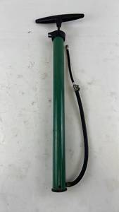 lot 256 image: Vintage Green Metal Tire Pump with Hose