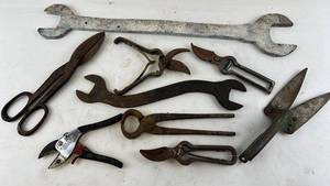 lot 270 image: Collection of Vintage Hand Tools including Garden Scissors and Wrenches