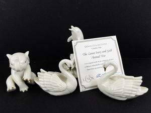 lot 38D image: Lenox Porcelain Swans, Elephant, & Leaping Dolphin Figurine Set with 24 Karat Gold Trim