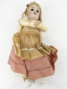 lot 6 image: Antique German Bisque Head Doll in Striped Dress