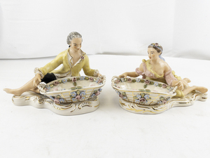 lot 8 image: Pair of Antique Porcelain Sweetmeats with Floral Embellishments