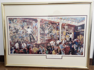 lot 10 image: Leroy Neiman Whiskey Bar Seattle 80 Framed Print with Gold Frame
