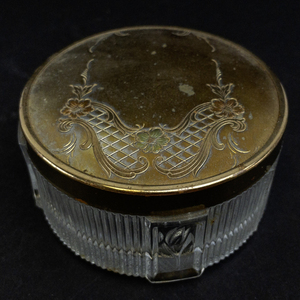 lot 37H image: Vintage Glass Powder Jar with Brass Lid and Floral Design
