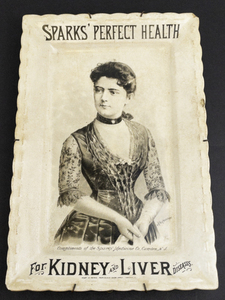 lot 37M image: Vintage Sparks Perfect Health Ceramic Advertisement Plaque with portrait of&nbspMrs. Frances Cleveland (wife of President Grover Cleveland)