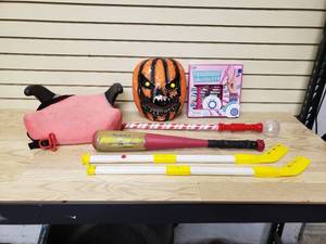 lot 38 image: Childs booster seat, play hockey sticks, plastic bat, Halloween mask, Friendship bracelet kit