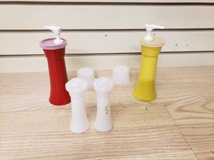 lot 51 image: Vintage Tupperware Salt & Pepper Shakers and ketchup & mustard dispensers