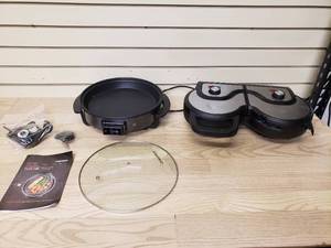 lot 59 image: Chefman Electric Skillet- 12 inches and Chefman dual waffle maker (one handle is broken, side still lights up and heats up)