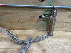 lot 104 image: BWE Waterfall Single Hole Single Handle Vessel Bathroom Faucet With Supply Line in Brushed-Nickel A-96137H1