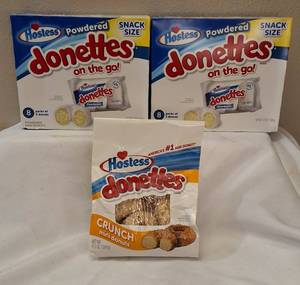 lot 13 image: HOSTESS -Donettes  (2) Boxes Powdered on the go Snack Size & (1) Bag  Crunch Mini Donuts