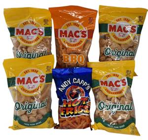 lot 20 image: MACS Chicharrones Original  BBQ Flavor Fried Pork Skins  &  Andy Capps - HOT FRIES