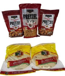 lot 22 image: Clover Valley Pretzels from (1) 16 oz Pretzel Sticks & (2) Peanut Butter Pretzel Bites 12 oz bag each  OLE Mexican Foods