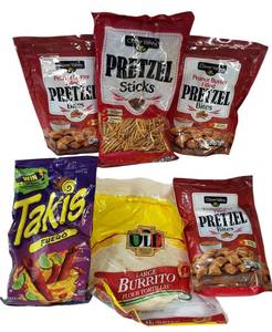 lot 23 image: TAKIS FUEGO, Clover Valley Pretzel Stick ,Peanut Butter Filled Pretzels,OLE Large Burrito Flour Tortillas