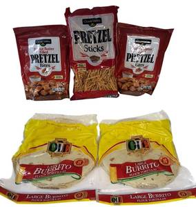 lot 24 image: Clover Valley Pretzels (2) Pretzel Bits Peanut Butter Filled ,(1) Pretzel Sticks & (2) Large Burrito Flour Tortillas