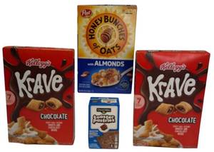 lot 27 image: Cereal Lot Kelloggs Krave, Post Honey Bunches of Oats & Clover Valley  Toaster Pastries