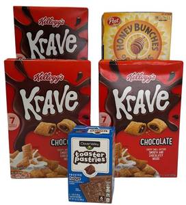 lot 31 image: Cereal Lot Kelloggs Krave, Post Honey Bunches of Oats & Clover Valley  Toaster Pastries
