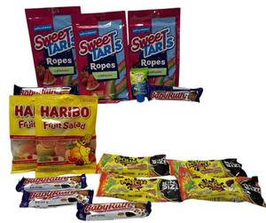 lot 34 image: Candy Lot  Sweet Tarts Ropes, Haribo Fruit Salad , Baby Ruth Bars, Sour Patch Kids