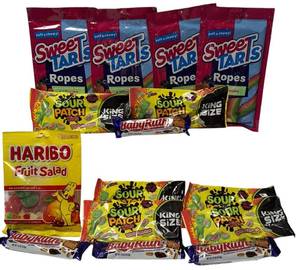 lot 35 image: Candy Lot  Sweet Tarts Ropes, Haribo Fruit Salad , Baby Ruth Bars, Sour Patch Kids