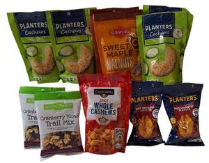 lot 40 image: Planters Cashews Dill Pickle & Hot Chipotle Peanuts Diamond Sweet Maple Walnuts  Good Smart Cranberry Blend Trail Mix
