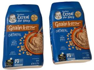 lot 46 image: Gerber (2) 8 oz  Cans -Cereal For Baby Grain & Grow - Oatmeal