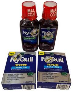 lot 57 image: NyQuil  NyQuil - (2) Cough DM Congestion  8 FL oz Bottle & (2) Severe Cold & FLU each box 8 liquicaps
