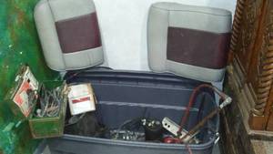 lot 77 image: Timing Chain Cover, Covered Tote and Misc. Auto Parts.
