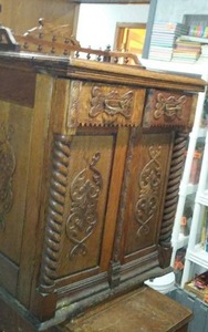lot 80 image: Vintage Ornate Wood Sewing Cabinet and Minnesota Machine.