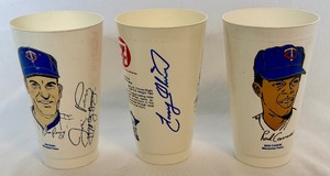 lot 9 image: Tony Oliva and Jim Perry Signed Plus Rod Carew Unsigned Vintage 7 Eleven Cups - Minnesota Twins Baseball