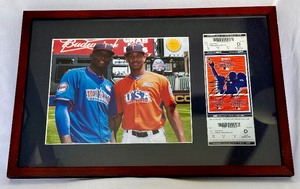 lot 16 image: Byron Buxton and Miguel Sano Signed and Framed Ticket Stub  Photo from 2013 All-Star Futures Game - Minnesota Twins Baseball