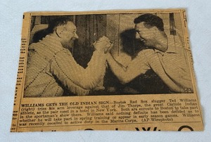 lot 29 image: Ted Williams 1950s Newspaper Article Arm Wrestling Jim Thorpe - Vintage Baseball