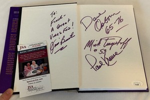 lot 33 image: A Color Purple Minnesota Vikings Book Signed By - Paul Krause, Mick Tingelhoff, Dave Osborn, and Jim Burtirz with JSA COA