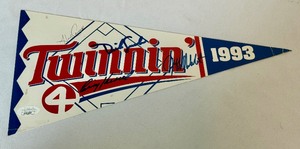 lot 58 image: Herb Carneal, Jeff Reboulet, Dick Such Signed 1993 Minnesota Twins Baseball Pennant with JSA COA