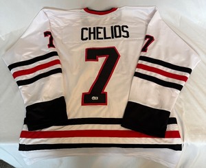 lot 106 image: Chris Chelios Custom Chicago Blackhawks Hockey Jersey Size XL (Has Beckett COA Sticker, but no signature)
