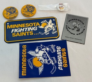 lot 26A image: Vintage Minnesota Fighting Saints Lot of Pins, Sticker, and Plaques - Hockey