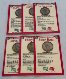lot 140 image: (6) Cooperstown Collection Baseball Coins - Johnny Bench and Carl Yastrzemski