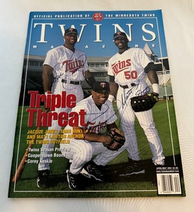 lot 87A image: Torii Hunter, Jacque Jones, Matt Lawton Signed 2001 Minnesota Twins Baseball Magazine