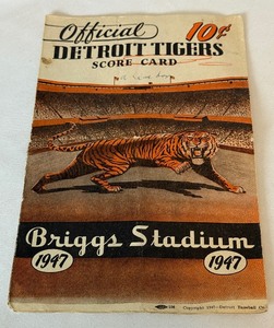 lot 183 image: 1947 Detroit Tigers vs. Boston Red Sox Scorecard - Ted Williams, Dom DiMaggio