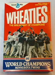 lot 195A image: 1987 Minnesota Twins World Champions Baseball Wheaties Box