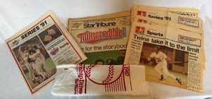 lot 210 image: 1991 World Series Minnesota Twins Newspapers and 1987 World Series Homer Hankie