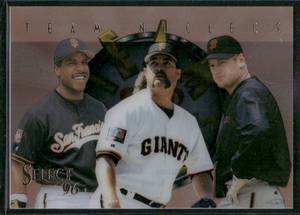 lot 72B image: Barry Bonds Rare Insert 1996Select Team Nucleus #18 w Matt Williams and Rod Beck Baseball Card